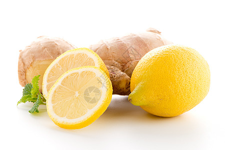 姜根和柠檬片白色黄色烹饪营养蔬菜香料香气柠檬棕色味道图片