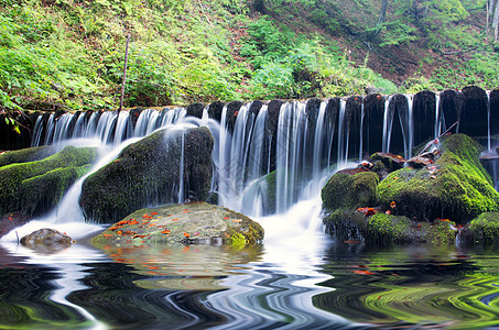 美丽的瀑布场景 乌克赖恩喀尔巴阡山轮船岩石船底苔藓森林风景木头巨石公园荒野运动图片