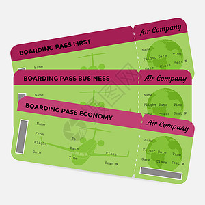 一套航空公司登机证 白色背景的绿色和粉色票单张图片