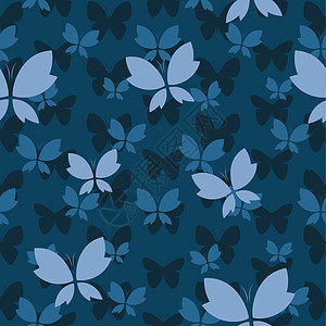 矢量无缝图案 蝴蝶在深蓝色背景上图片