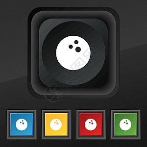 保龄球比赛 球图标符号 为您的设计设置黑色纹理上的五个色彩缤纷 时尚的按钮 向量图片