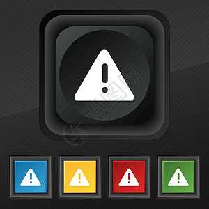 感叹号 注意警告图标符号 为您的设计设置黑色纹理上的五个色彩缤纷 时尚的按钮 向量图片