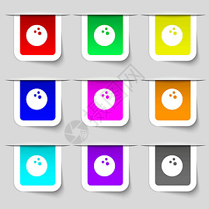 保龄球游戏 球图标符号 用于设计的一系列多色现代标签 矢量图片