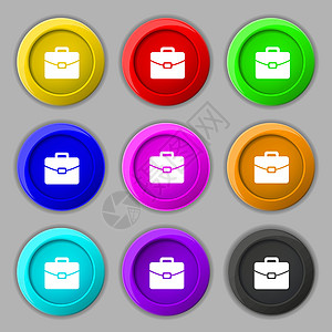 手提箱图标标志 九个圆形彩色按钮上的符号 韦克托行李商务航程盒子随员商业金融插图文档办公室图片