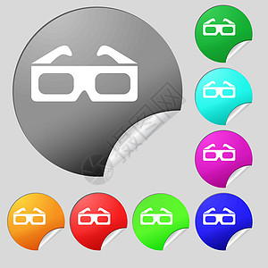 3d 眼镜图标符号 一组 8个多色圆环按钮 贴纸 矢量图片