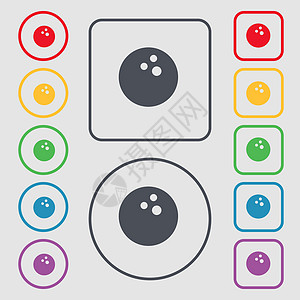 保龄球游戏 球图标符号 圆形上的符号和带框的方按钮 矢量图片
