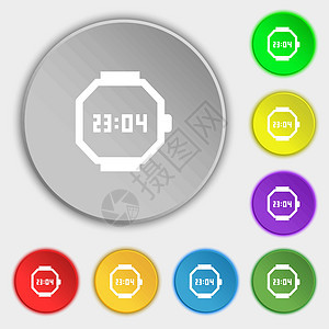 手表手表图标符号 八个平板按钮上的符号 矢量圆圈时间表夹子警报时间艺术拨号石英手镯插图图片