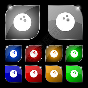 保龄球游戏 球图标符号 套装有光束的十倍多色按钮 矢量图片