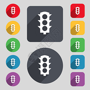 交通灯光信号图标符号 一组由12个彩色按钮和长阴影组成 平面设计 矢量图片