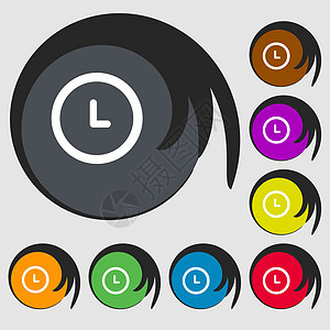 8 个有色按钮上的符号 矢量时间圆形办公室圆圈滴答速度商业黑色插图柜台图片