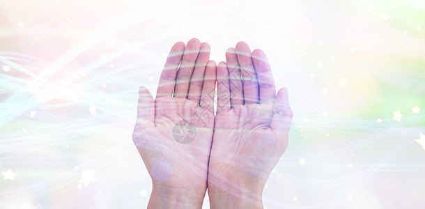 妇女双手露面的复合形象 女性手指手势绿色计算机微光绘图图片