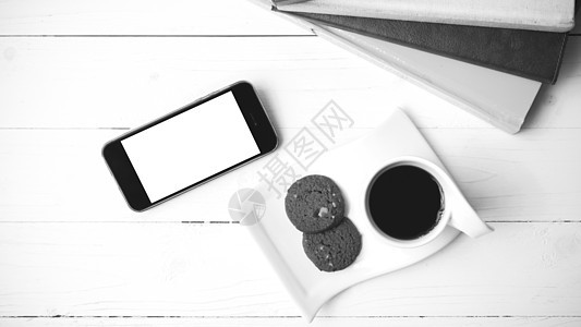 咖啡杯加饼干 手机和书卷黑白可乐电话网络办公室笔记本钥匙工作杯子桌子细胞眼镜背景图片