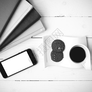 咖啡杯加饼干 手机和书卷黑白可乐钥匙细胞杯子工作办公室笔记本电话咖啡网络眼镜背景图片