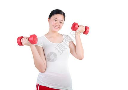 亚裔妇女身体闲暇运动装女性女士哑铃微笑健身房美丽白色图片