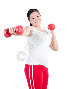 亚裔妇女减肥哑铃白色女性身体运动装美丽女士运动女孩图片