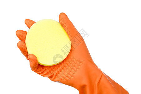 用黄色海绵手套手戴洗涤剂浴室用具手指清洁家务家庭剪裁卫生纪律图片