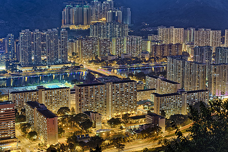 深夜香港沙锡场景住房建筑学领土城市反射旅行街道市中心风景图片