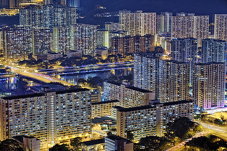 深夜香港沙锡街道住房摩天大楼领土风景天际市中心住宅场景民众图片