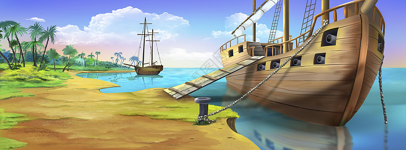 海盗岛岸边的海盗船 全景图片
