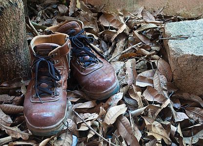 秋林的旧皮鞋 仍然升起鞋匠皮革收藏季节小刀森林职业树叶地面零售图片