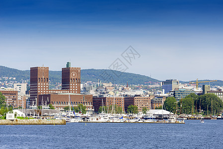 挪威奥斯陆Radhuset观点渡船历史海岸建筑码头港口橙子建筑学峡湾市政图片