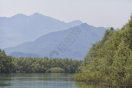 斯卡达尔湖 黑山蓝色水平阳光薄雾山脉绿色城市天空地标场景图片