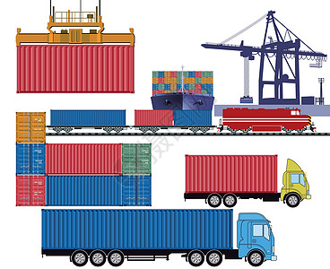 由卡车和集装箱船舶在工业港口候港的集装箱运输集装箱图片