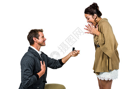 快乐的男子提供订婚戒指给伴侣背景图片