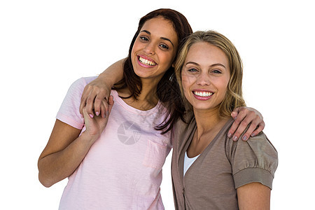 两个女孩微笑女士黑眼睛短发牛仔布金发女郎牛仔裤女性浅色衣服混血图片