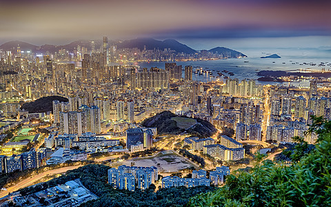 香港之夜风景天际建筑日落城市阳光生长摩天大楼太阳光旅行图片