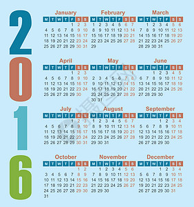 2016年日历英语白色红色日程数字规划师办公室季节商业时间日记图片