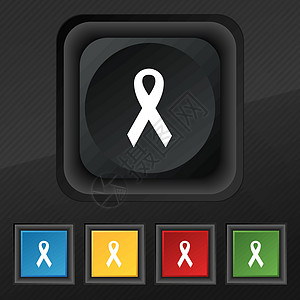 丝带 乳腺癌宣传月图标符号 为您的设计设置黑色纹理上的五个色彩缤纷 时尚的按钮 向量图片