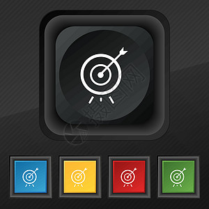 目标图标符号 在黑色纹理上为设计设置五个彩色 时髦的按钮 矢量图片