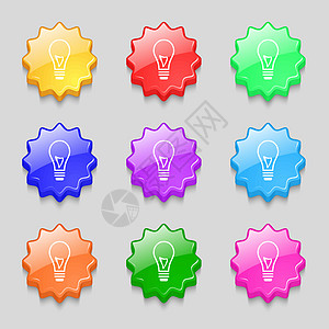 灯泡图标符号 9个宽度彩色按钮上的符号 矢量创造力活力商业照明插图用户技术界面力量想像力图片