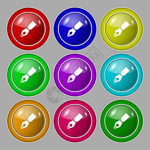 钢笔图标标志 九个圆形彩色按钮上的符号 韦克托教育学校学生墨水科学知识写作图片