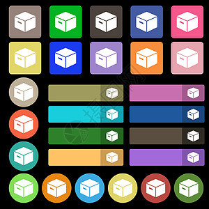 纸板包装盒图标符号 设置于27个多色平面按钮中 矢量图片