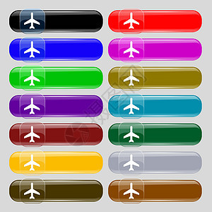 平面图标标志 设置从十四个多彩多姿的玻璃按钮与文本的地方 韦克托飞机场导航飞机商业旅行客机航班运输航空公司航空图片