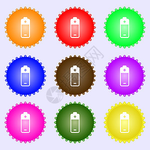 电池图标标志 一组九个不同颜色的标签 韦克托图片