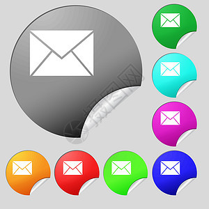 邮件 信封图标符号 一套8个多色圆环按钮 贴纸 矢量用户网络电子邮件网站插图通讯圆形界面绘画插画家图片