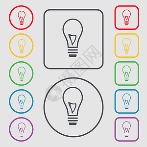 灯泡图标标志 带有框架的圆形和方形按钮上的符号 韦克托插图技术照明界面创造力商业想像力活力力量用户图片