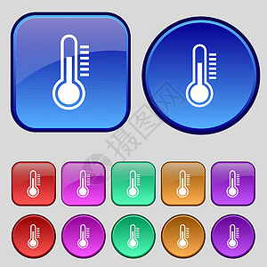 温度计图标标志 一套十二个复古按钮为您的设计 韦克托冻结气候绘画实验室乐器寒意医疗天气药品气象图片