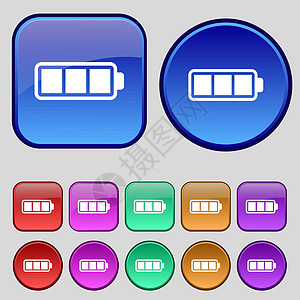 电池完全充电图标符号 一组12个老式按钮用于设计 矢量标签海豹电气插图邮票收费光标创造力力量指针图片