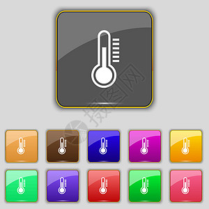 温度计图标符号 设置为您网站的11个彩色按钮 矢量实验室工具寒意医疗药品气候测量天气季节绘画图片