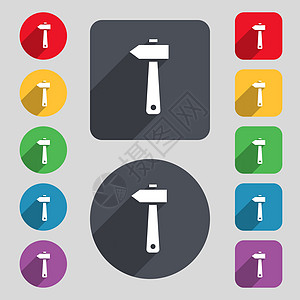 锤子图标符号 一组由12个彩色按钮和长阴影组成 平坦的设计 矢量图片