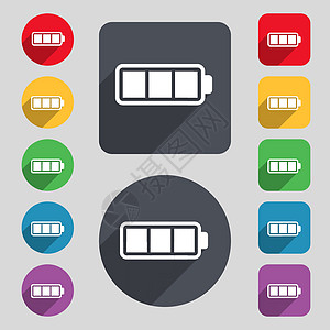 电池完全充电图标符号 一组由12个彩色按钮和长阴影组成 平面设计 矢量标签邮票插图创造力海豹界面电气充值力量收费图片