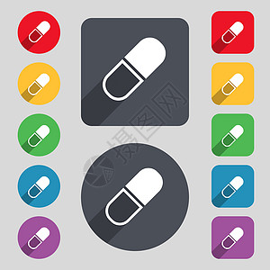 药片图标符号 一组由12个彩色按钮和长阴影组成 平面设计 矢量图片