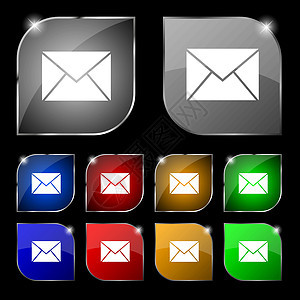 邮件 信封图标符号 套装有光束的10个多彩按钮 矢量圆形插画家通讯网络绘画界面插图网站空白电子邮件图片