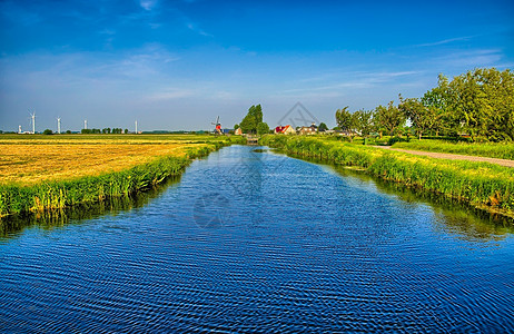 荷兰风景 有运河和草地 有镜子雷射堤防曲线池塘湿地旅行乡愁美化环境蓝色场景图片