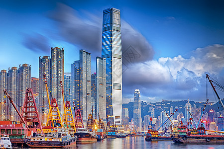 香港港文化摩天大楼晴天海洋天际景观码头天空蓝色市中心图片