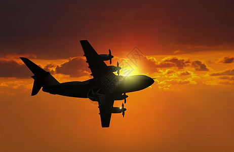 日落时空中飞机飞行背景图片